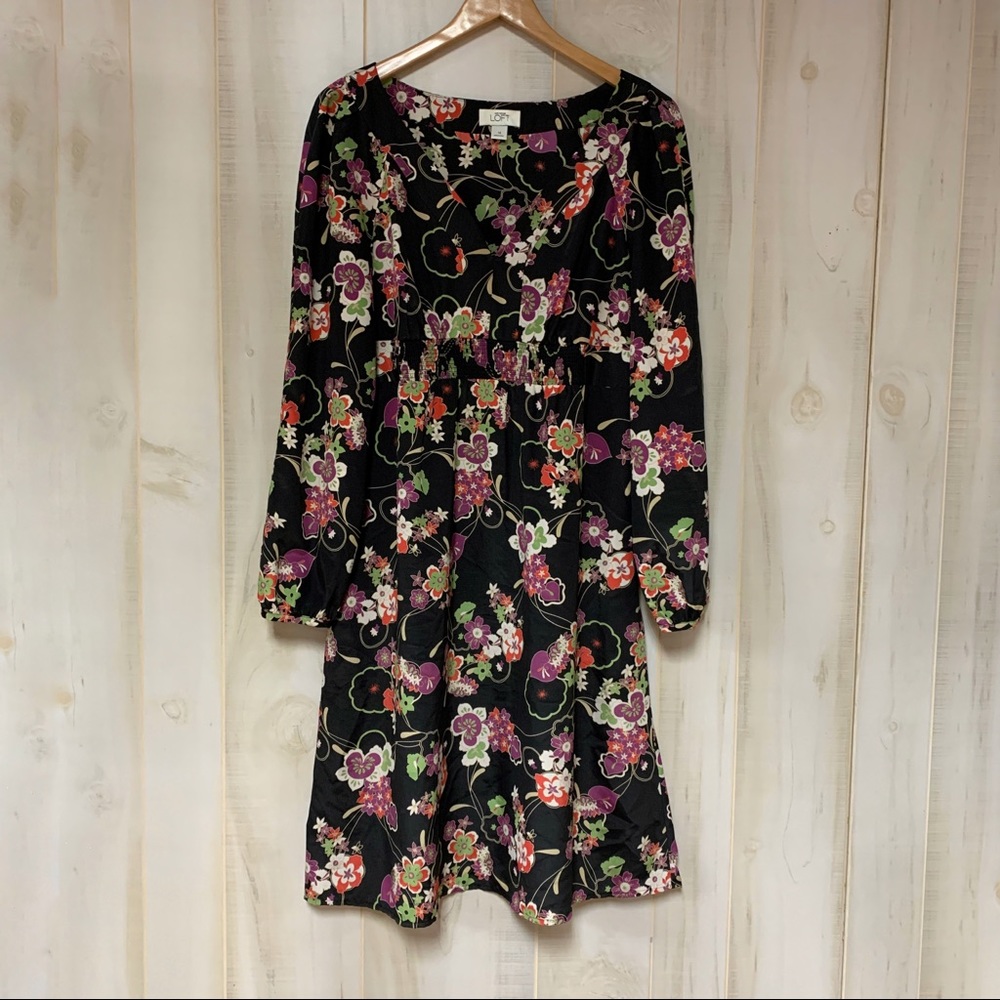 Loft Black Floral Long Sleeve Smocked Dress 14